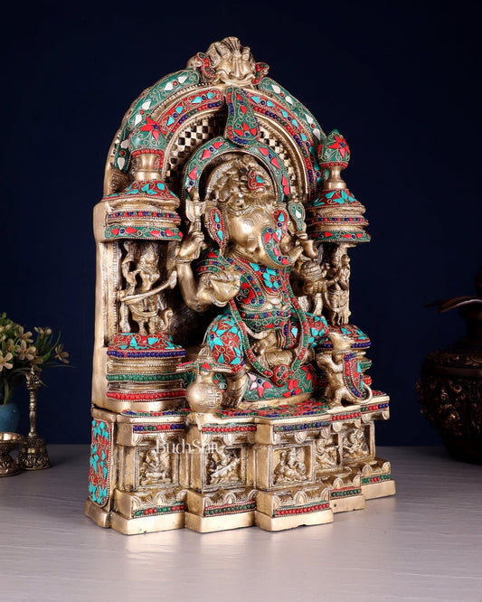 Pure Brass Temple Ganesha Idol with Lakshmi & Saraswati | Floral Stonework 18" - Budhshiv.com