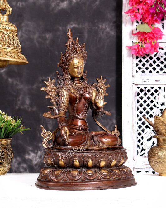 Pure Brass Tibetan White Tara Idol – Copper Gold tone | 14 Inch - Budhshiv.com