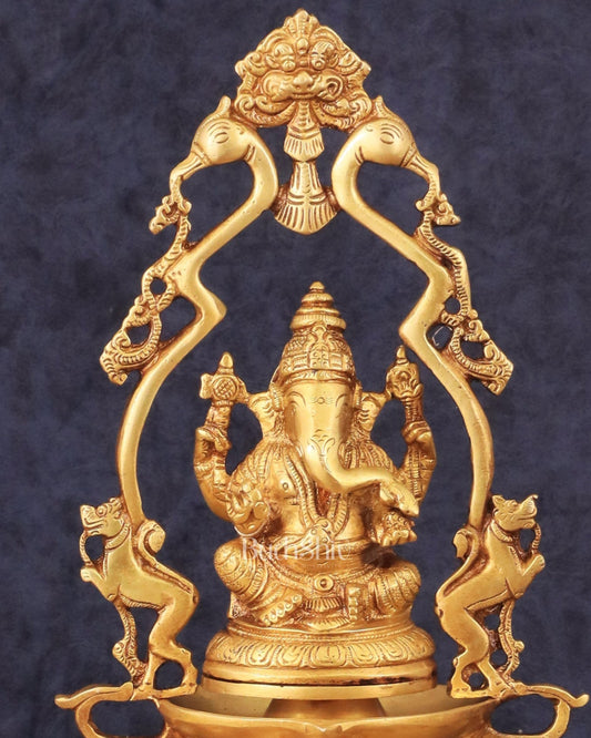Pure Brass Unique Ganesha Statue with Diyas and Thiruvarchi Frame - 12" - Budhshiv.com