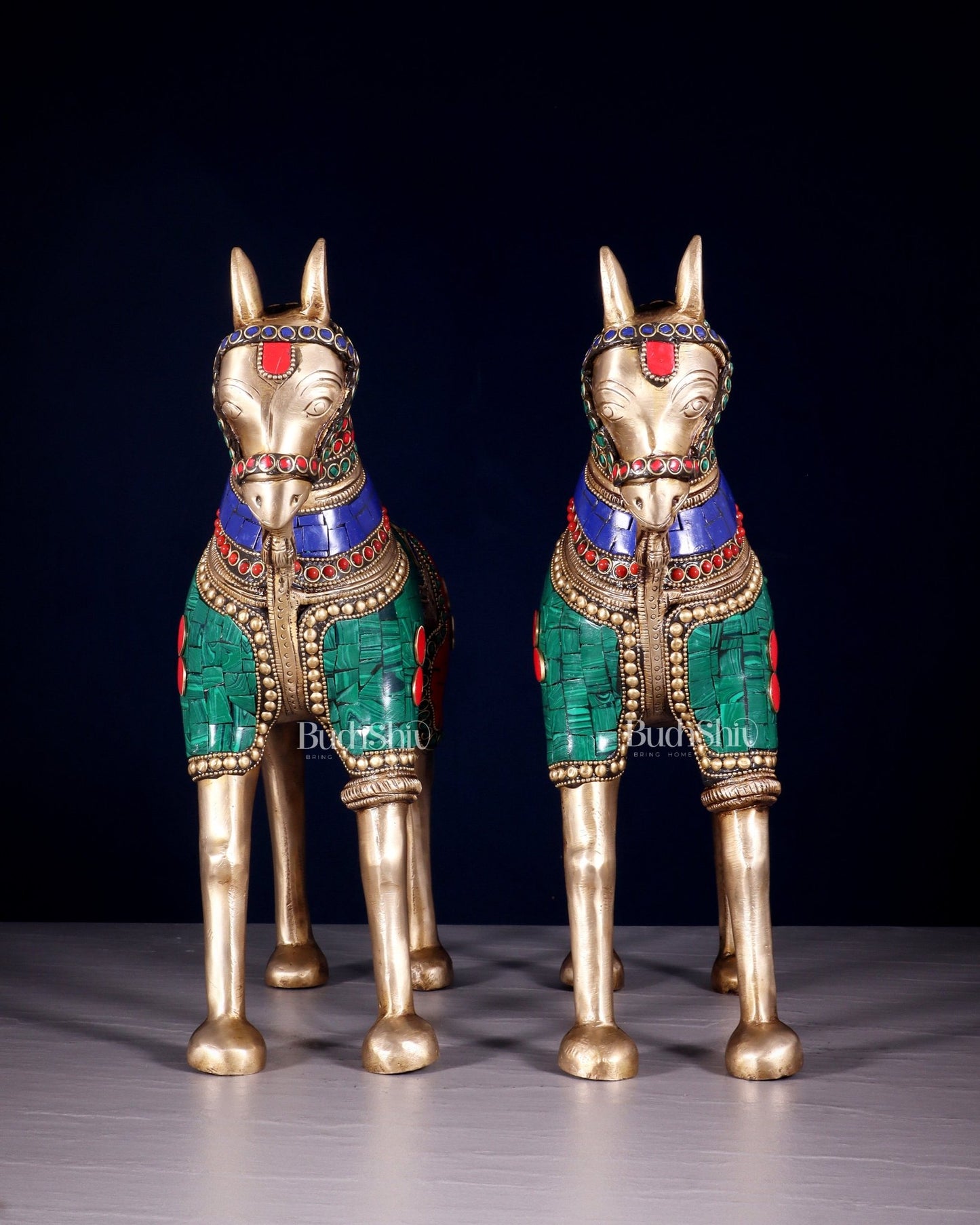Pure Brass Unique Horse Statue Showpiece Pair | 12.6" - Budhshiv.com