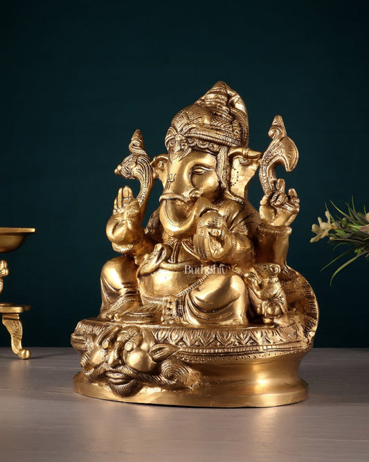 Pure Brass Unique Lord Ganesha Idol with Kirtimukha Engraved Base – 8 Inch - Budhshiv.com
