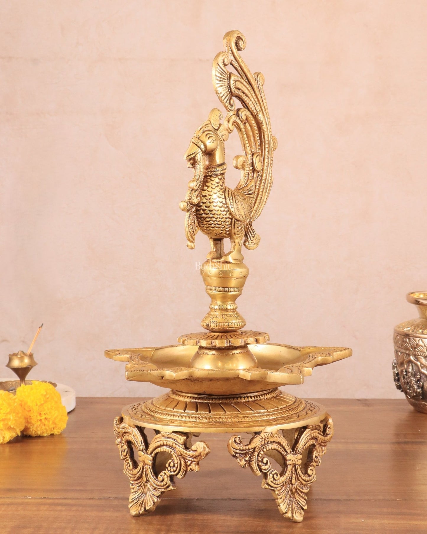 Pure Brass Unique Peacock Annam Pakshi Oil Lamp - 13.5" - Budhshiv.com