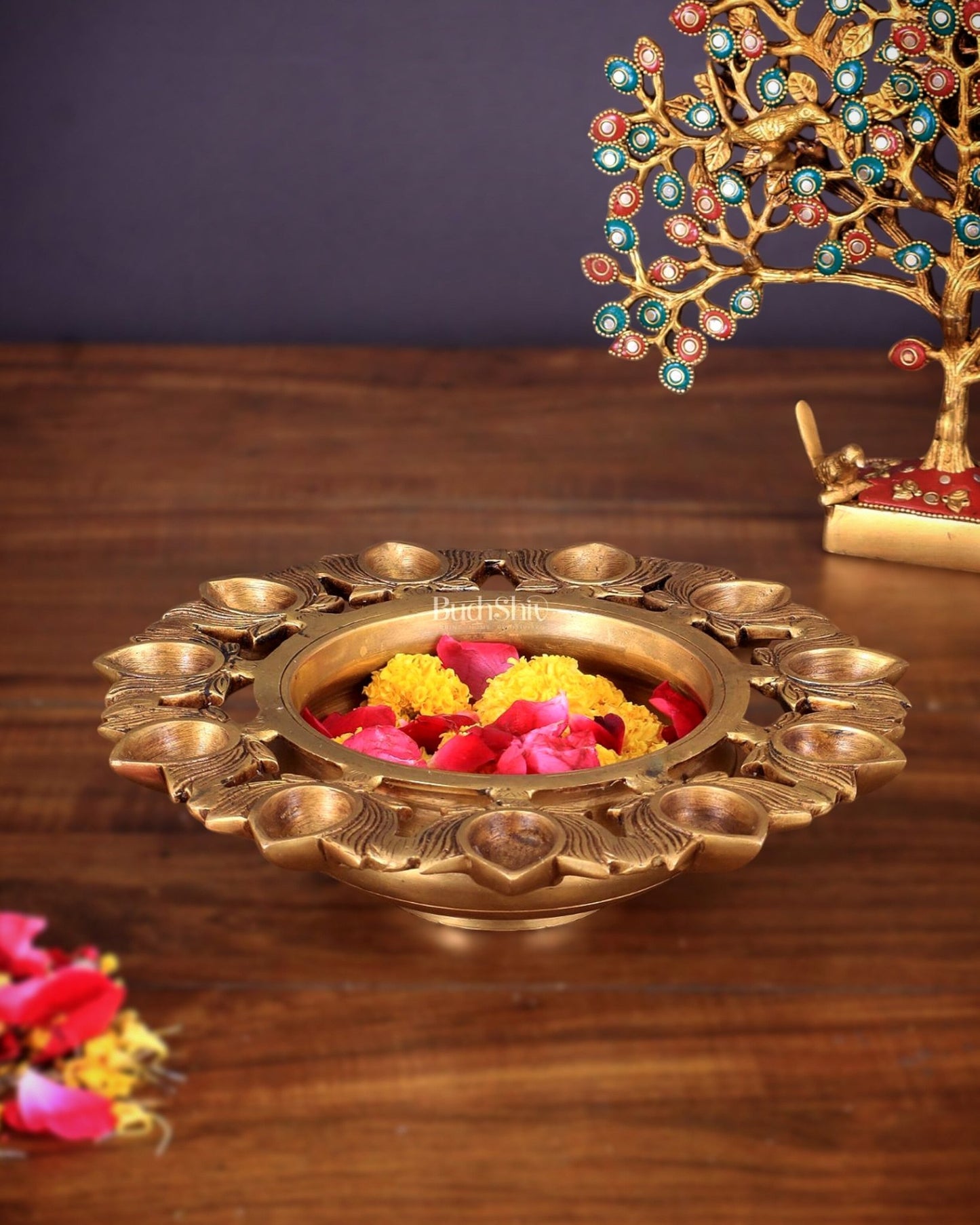 Pure Brass Urli Bowl with 11 Lotus Diyas – 9.5” x 9.5” x 2.5” - Budhshiv.com