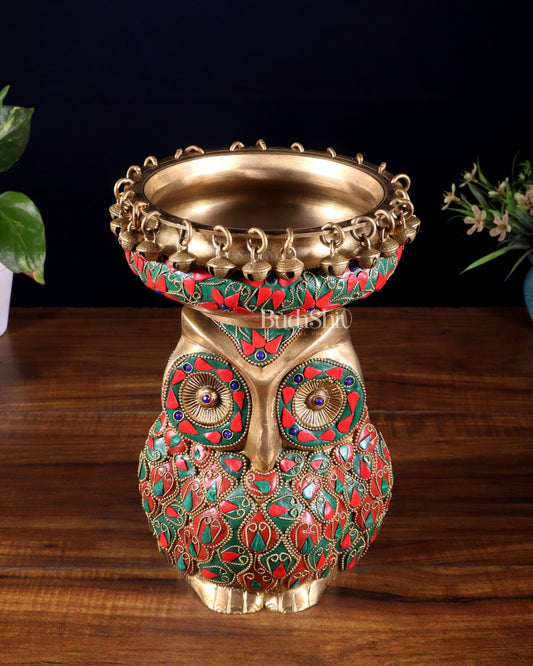 Pure Brass Urli Bowl with Large Owl – Adorned with Stonework | Unique Gift & Home Accent - Budhshiv.com
