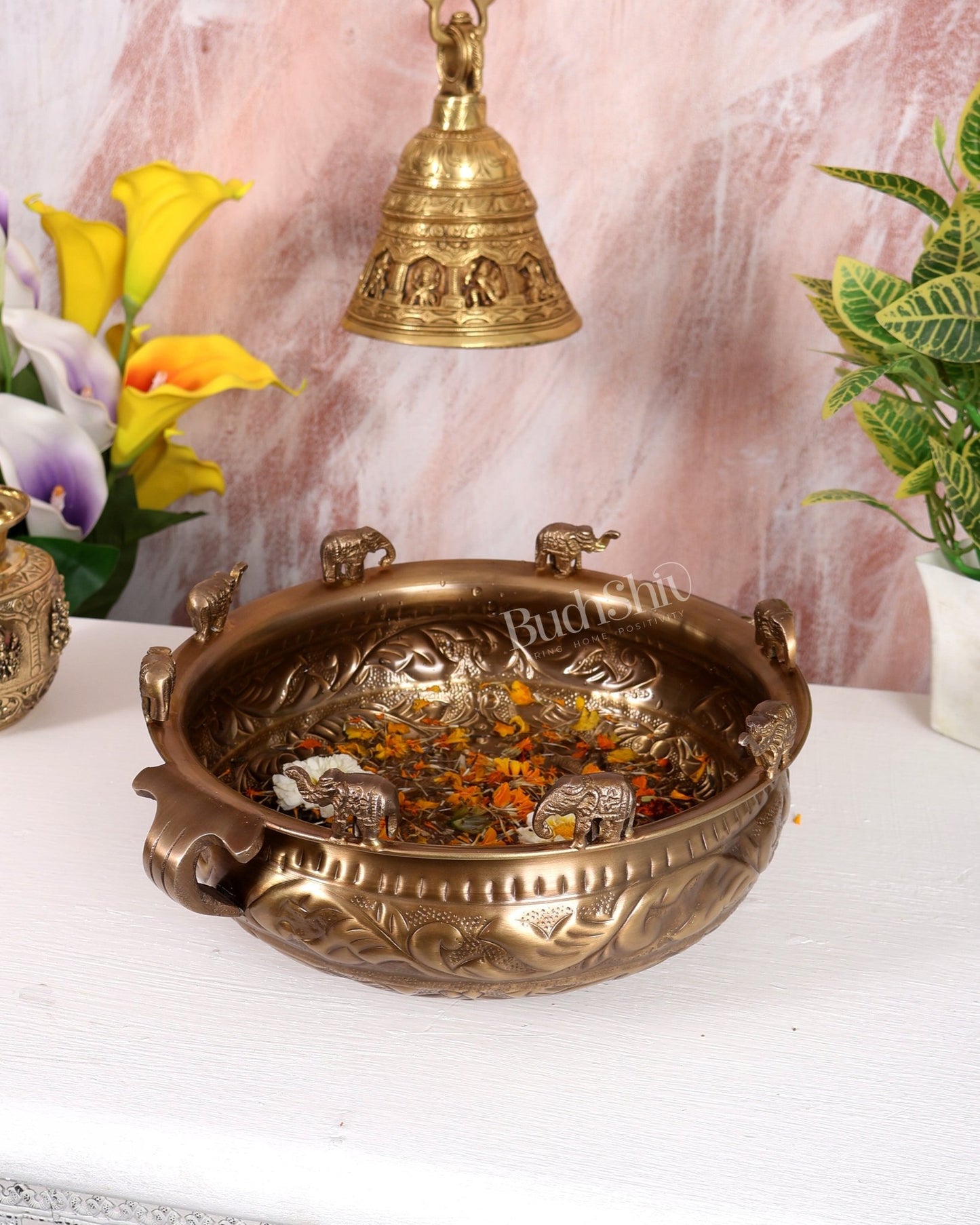 Pure Brass Urli with Elephant Motifs – Lightweight Antique Tone Decorative Bowl (11 Inches) - Budhshiv.com