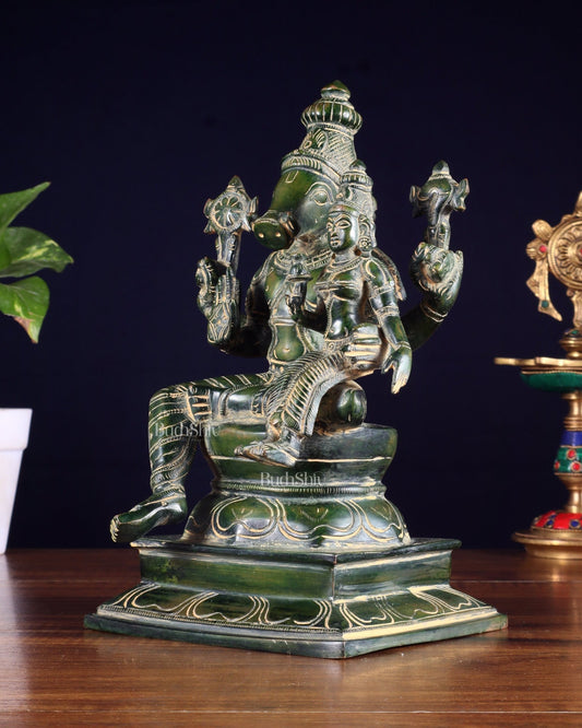 Pure Brass Varaha Lakshmi Statue – Antique Green Tone 9.5" - Budhshiv.com