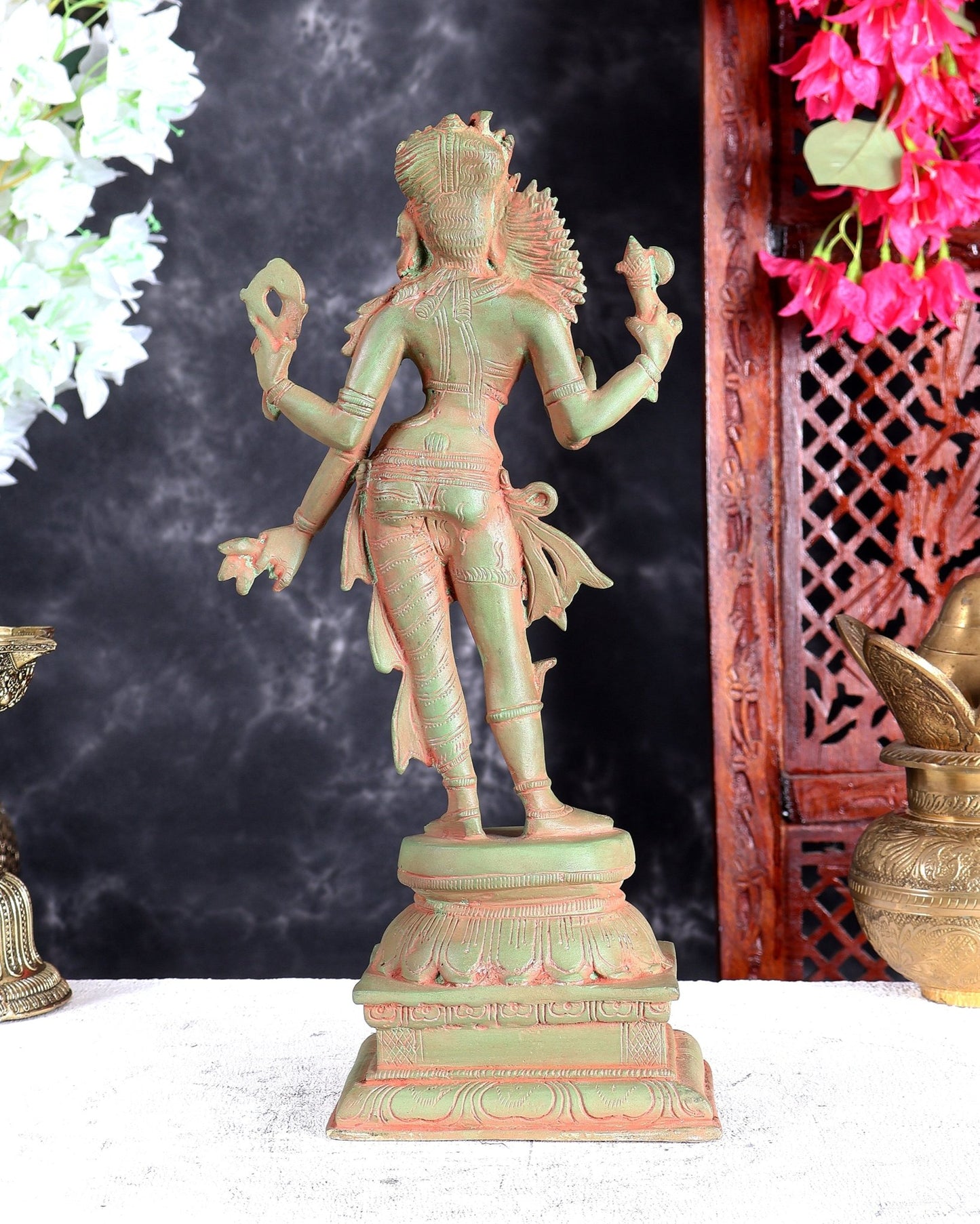 Pure Brass vintage Ardhanarishwara idol 13.5" Green sand patina tone - Budhshiv.com
