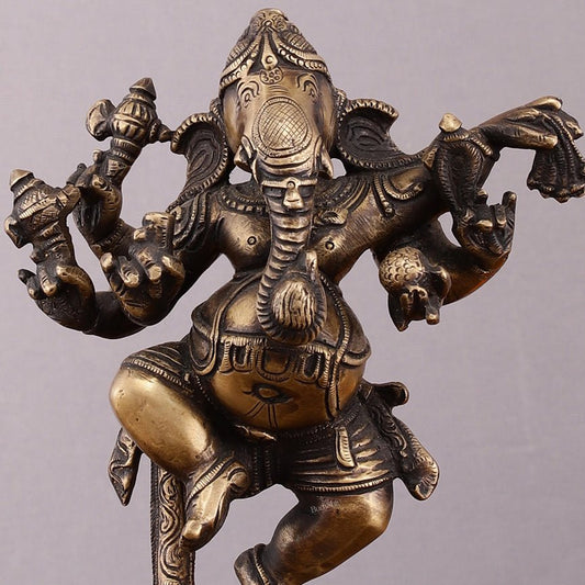 Pure Brass Vintage Dancing Ganapati Statue – 9 inch - Budhshiv.com
