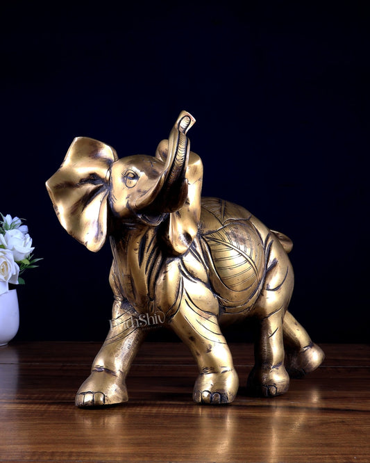 Pure Brass Vintage Elephant Statue with Leaf Carving 11 inch - Budhshiv.com