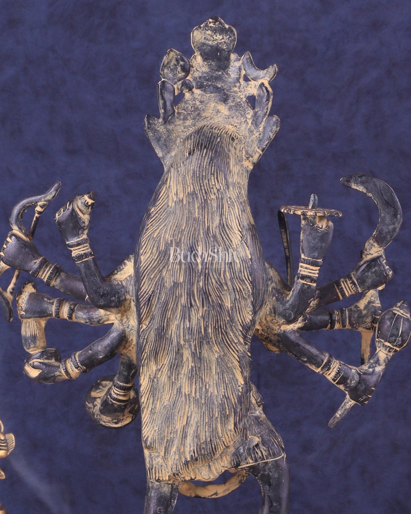 Pure Brass Vintage Goddess Kali Dashbhuja Idol | 10.5" - Budhshiv.com