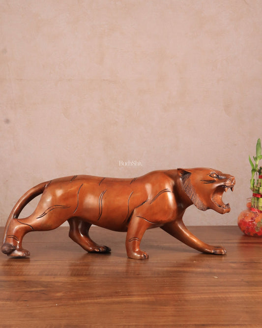 Pure Brass Vintage Large Tiger Statue showpiece - 20"x7.5"x6", Vastu Approved brown - Budhshiv.com