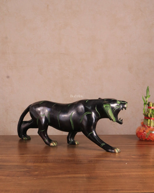Pure Brass Vintage Large Tiger Statue showpiece - 20"x7.5"x6", Vastu Approved - Budhshiv.com