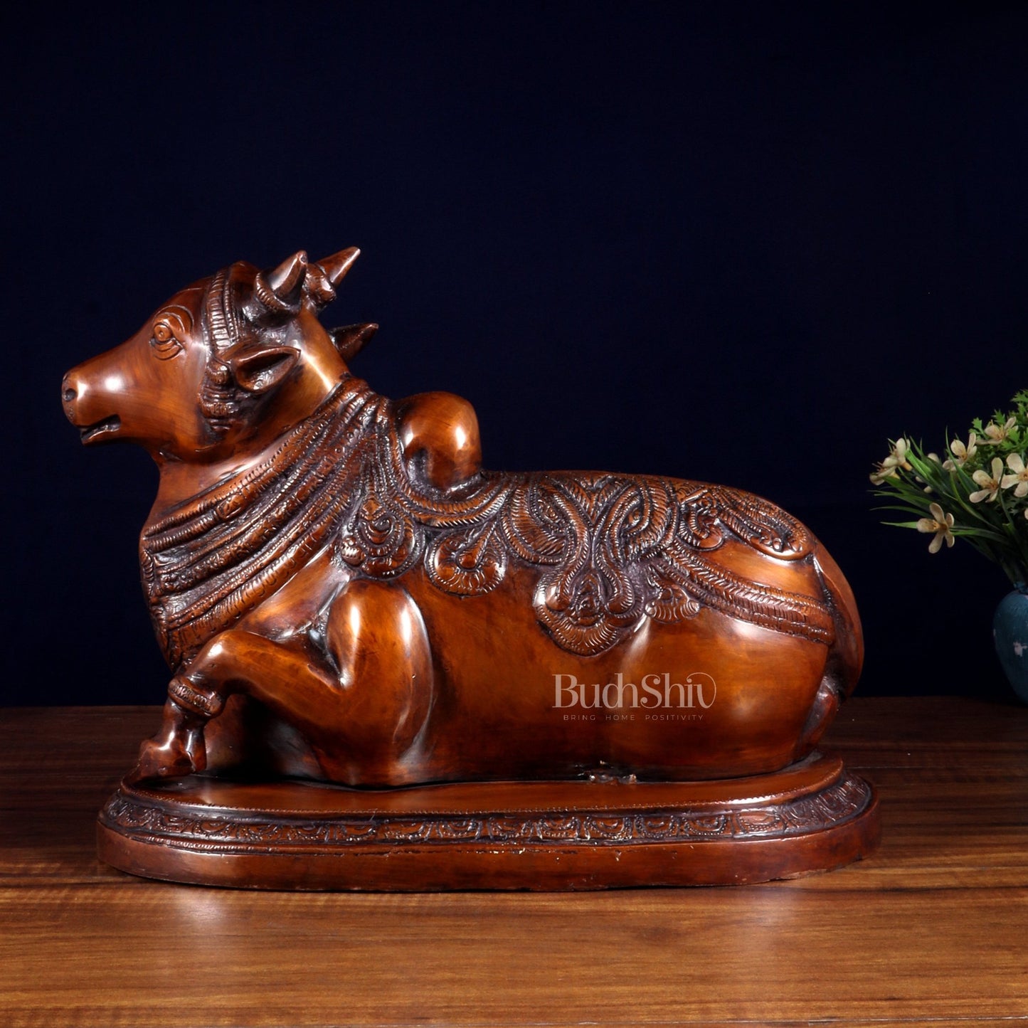 Pure Brass Vintage Nandi Statue – Chola brown Finish 12.6 inch - Budhshiv.com