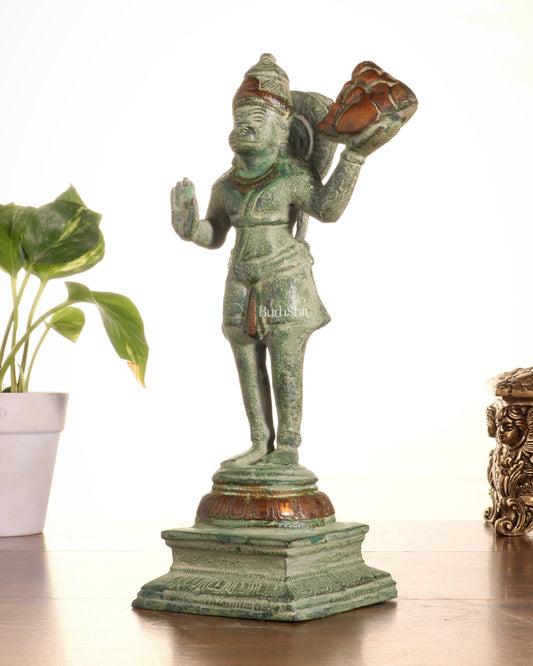 Pure Brass Vintage Sanjeevani Hanuman Statue – Green Sand Finish | 10 - Inch - Budhshiv.com