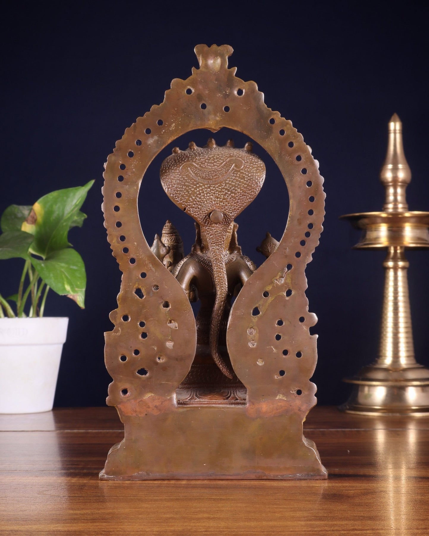 Pure Brass Vishnu Lakshmi Idol Seated on Sheshanaaga - 10" copper tone - Budhshiv.com