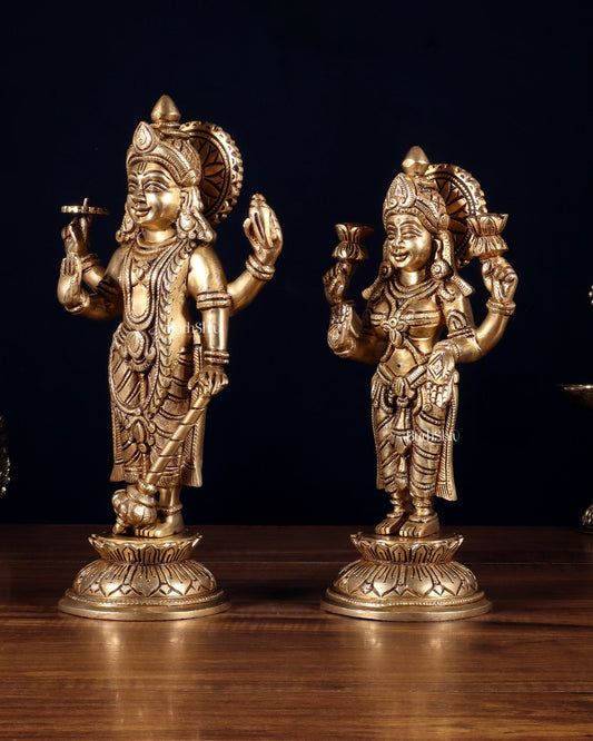 Pure Brass Vishnu Lakshmi Idols Pair – Lakshmi Narayan Murti Set |11" - Budhshiv.com