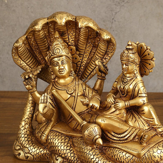 Pure Brass Vishnu Lakshmi Narayan Resting on Sheshanaaga Idol - 7 Inch - Budhshiv.com