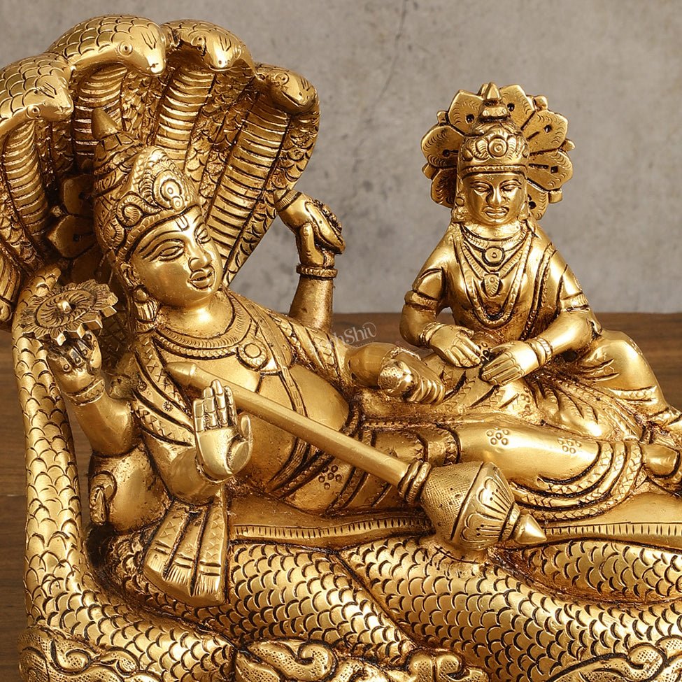 Pure Brass Vishnu Lakshmi Narayan Resting on Sheshanaaga Idol - 7 Inch - Budhshiv.com
