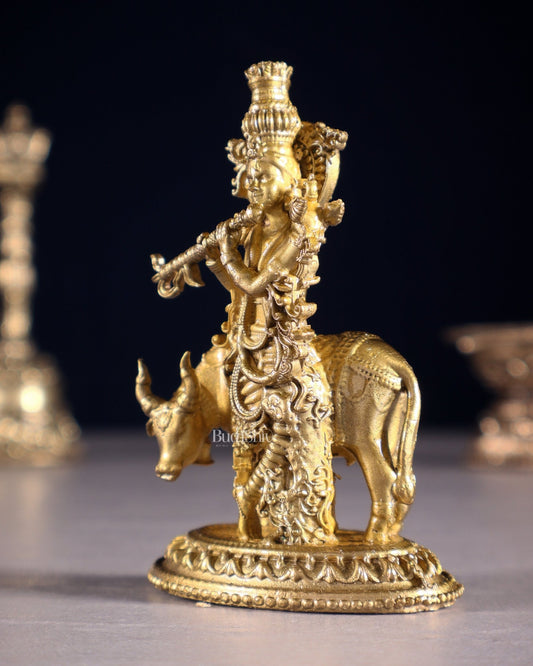 Pure Bronze Krishna with Cow Idol | 3.5" (8.9 cm) Panchaloha - Budhshiv.com