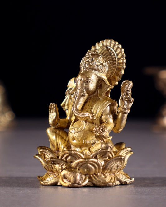 Pure Bronze Panchaloha Miniature Lord Ganesha on Lotus – 1.5" - Budhshiv.com