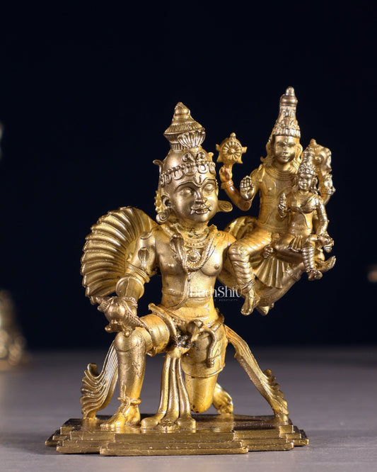 Pure Bronze Vishnu Lakshmi on Garuda Idol | 3.5" (8.9 cm) Panchaloha Statue - Budhshiv.com