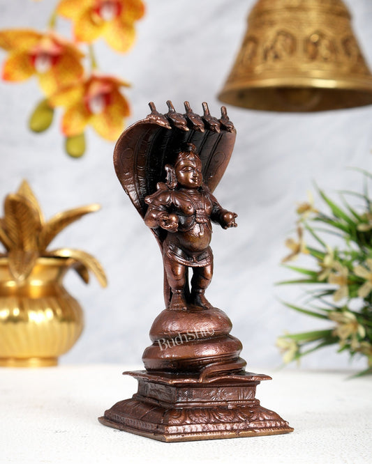 Pure Copper Bal Krishna on Kaliya Naag Idol – Divine Kalinga Narthana Sculpture (5 Inches) - Budhshiv.com