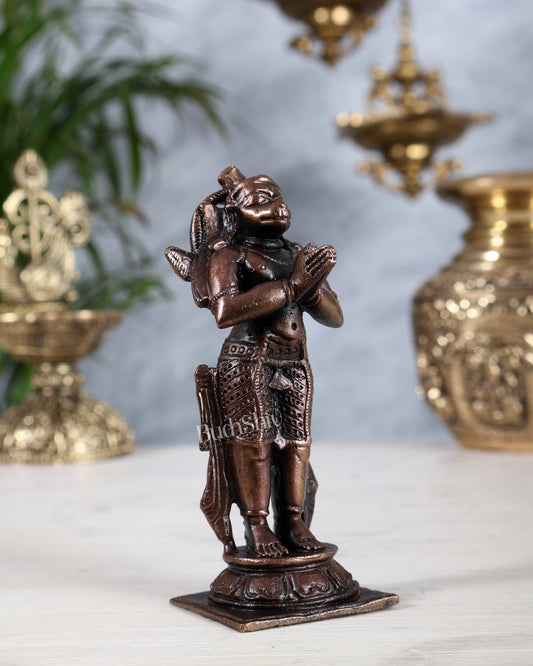 Pure Copper Brahmachari Hanuman Idol | Standing Anjaneya in Namaskara Mudra 4 inch - Budhshiv.com
