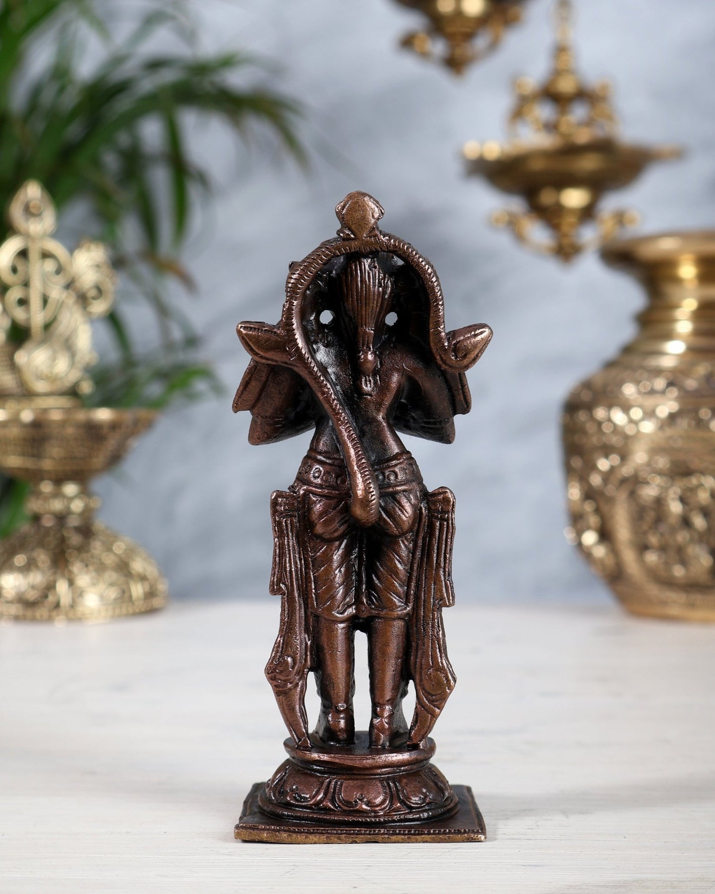 Pure Copper Brahmachari Hanuman Idol | Standing Anjaneya in Namaskara Mudra 4 inch - Budhshiv.com