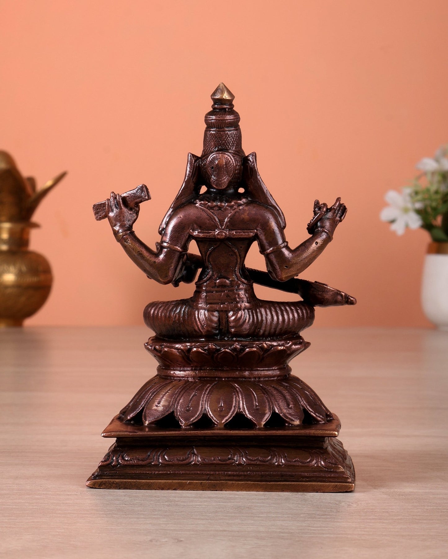 Pure Copper Goddess Saraswati Idol (5 Inch, 620 gm) - Budhshiv.com