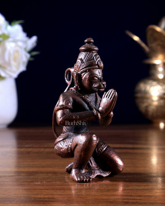 Pure Copper Hanuman Ji Idol – Kneeling Anjali / Namaste Mudra (Solid Copper) - Budhshiv.com