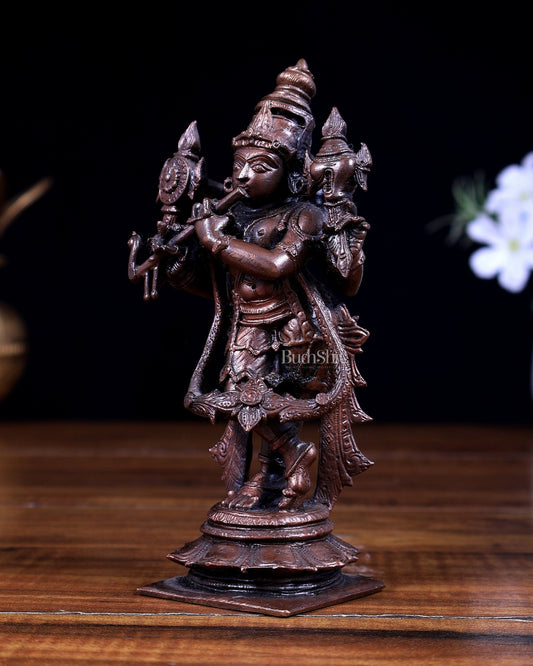 Pure Copper Krishna Vishnu roopam Charbhuja idol | 6" - Budhshiv.com