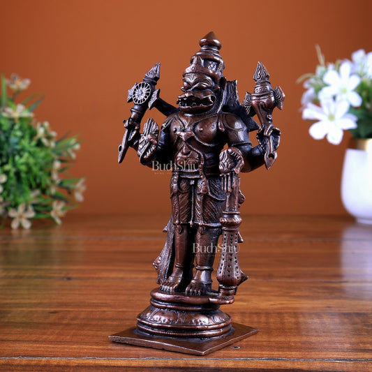 Pure Copper Lord Narasimha Standing Idol 6 inch - Budhshiv.com