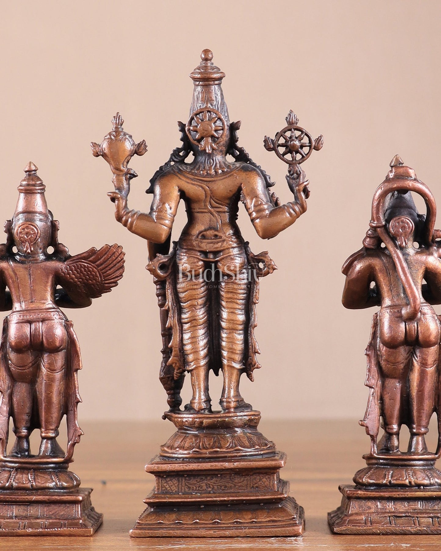 Pure Copper Lord Vishnu with Hanuman & Garuda Idol Set 5.5" - Budhshiv.com