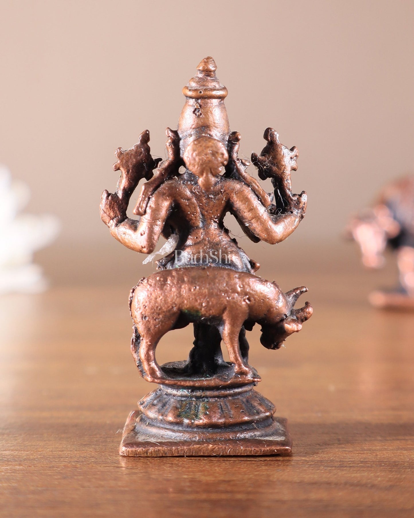 Pure Copper Miniature Lord Krishna with Cow Idol 2" - Budhshiv.com