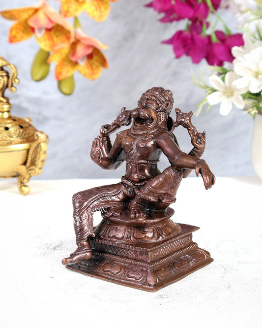 Pure Copper Relaxing Smiling Narasimha Idol – Solid Handcrafted Divine Sculpture (5 Inches) - Budhshiv.com