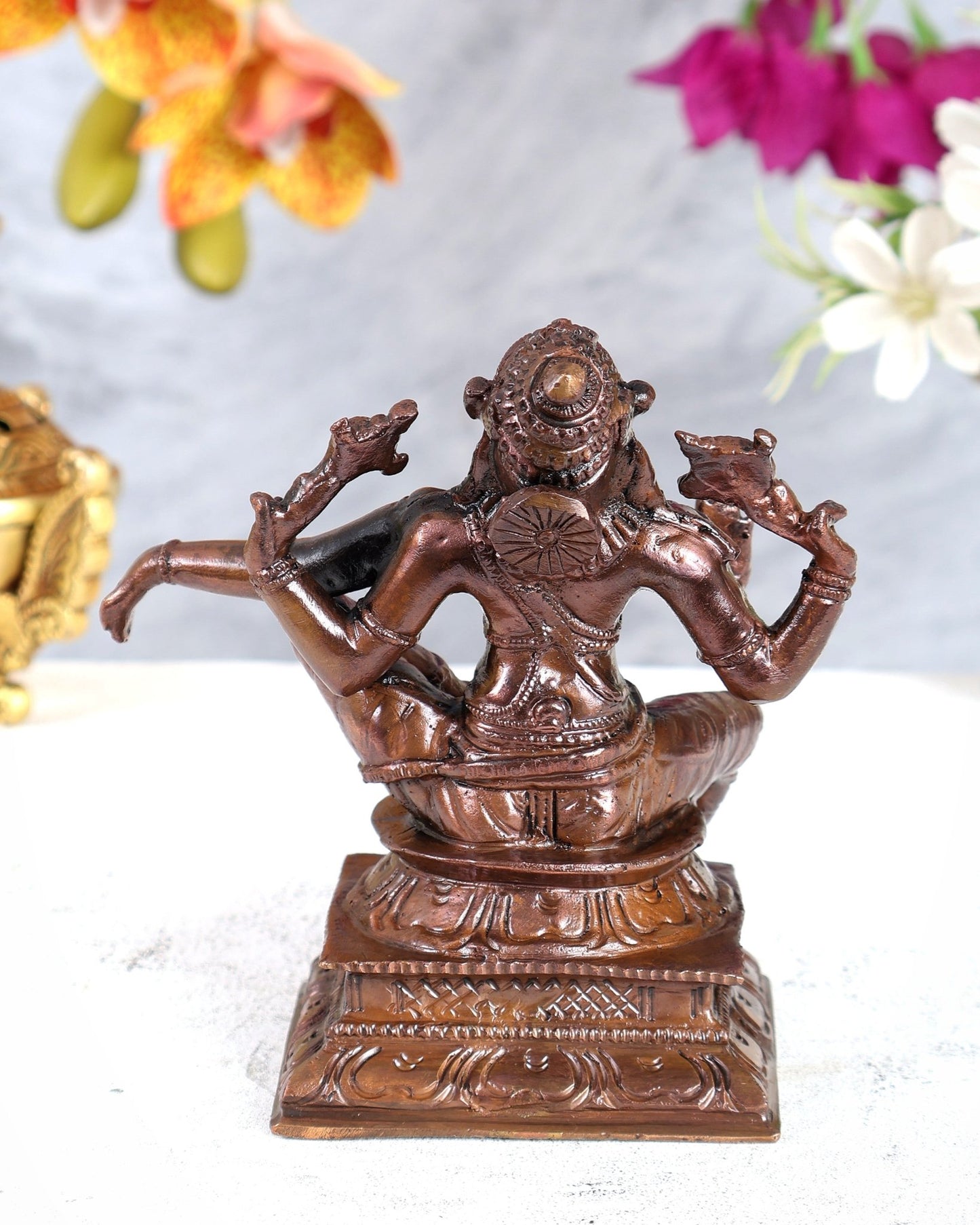 Pure Copper Relaxing Smiling Narasimha Idol – Solid Handcrafted Divine Sculpture (5 Inches) - Budhshiv.com