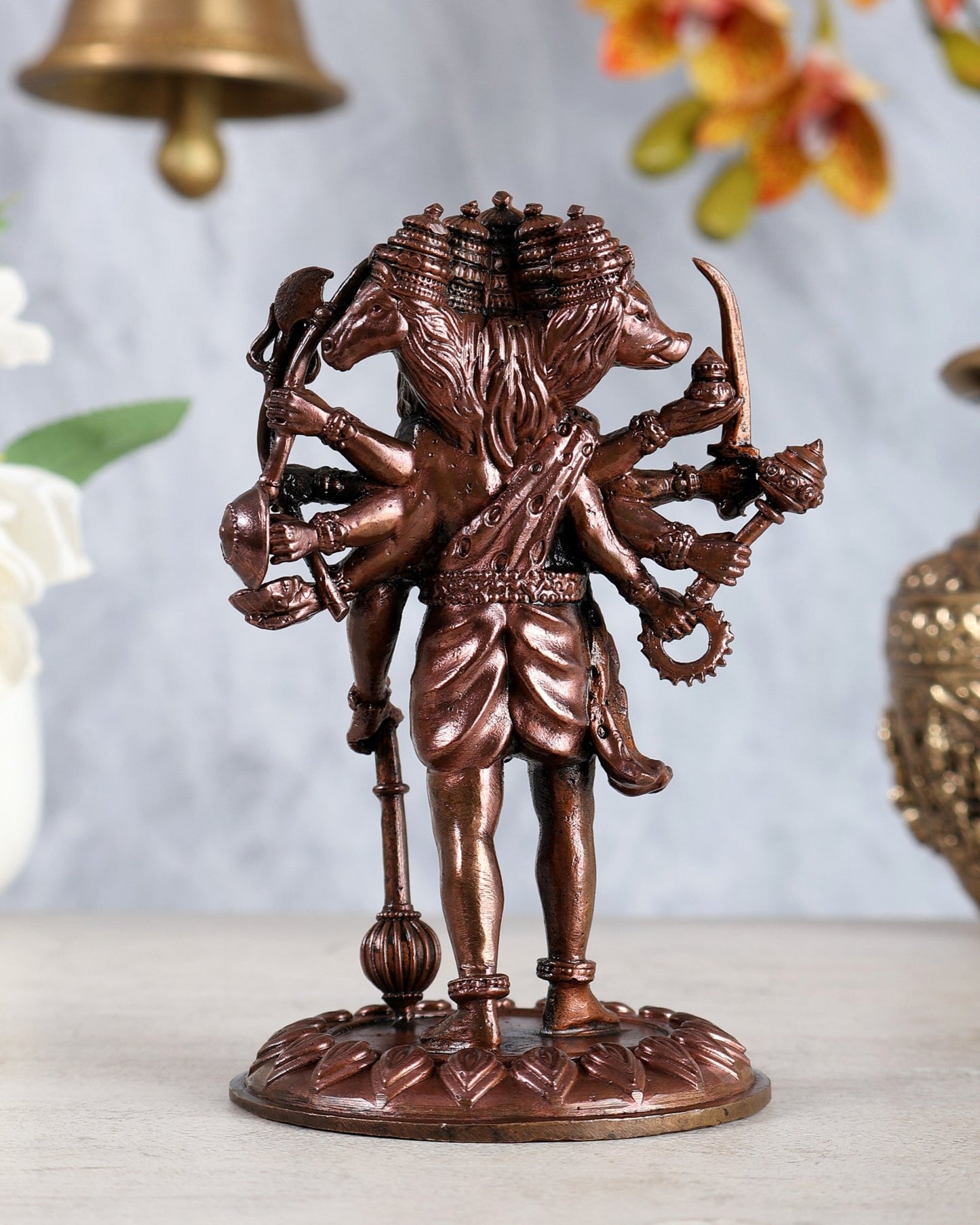 Pure Copper Standing Panchmukhi Hanuman Idol – Enhanced Carvings 5" - Budhshiv.com