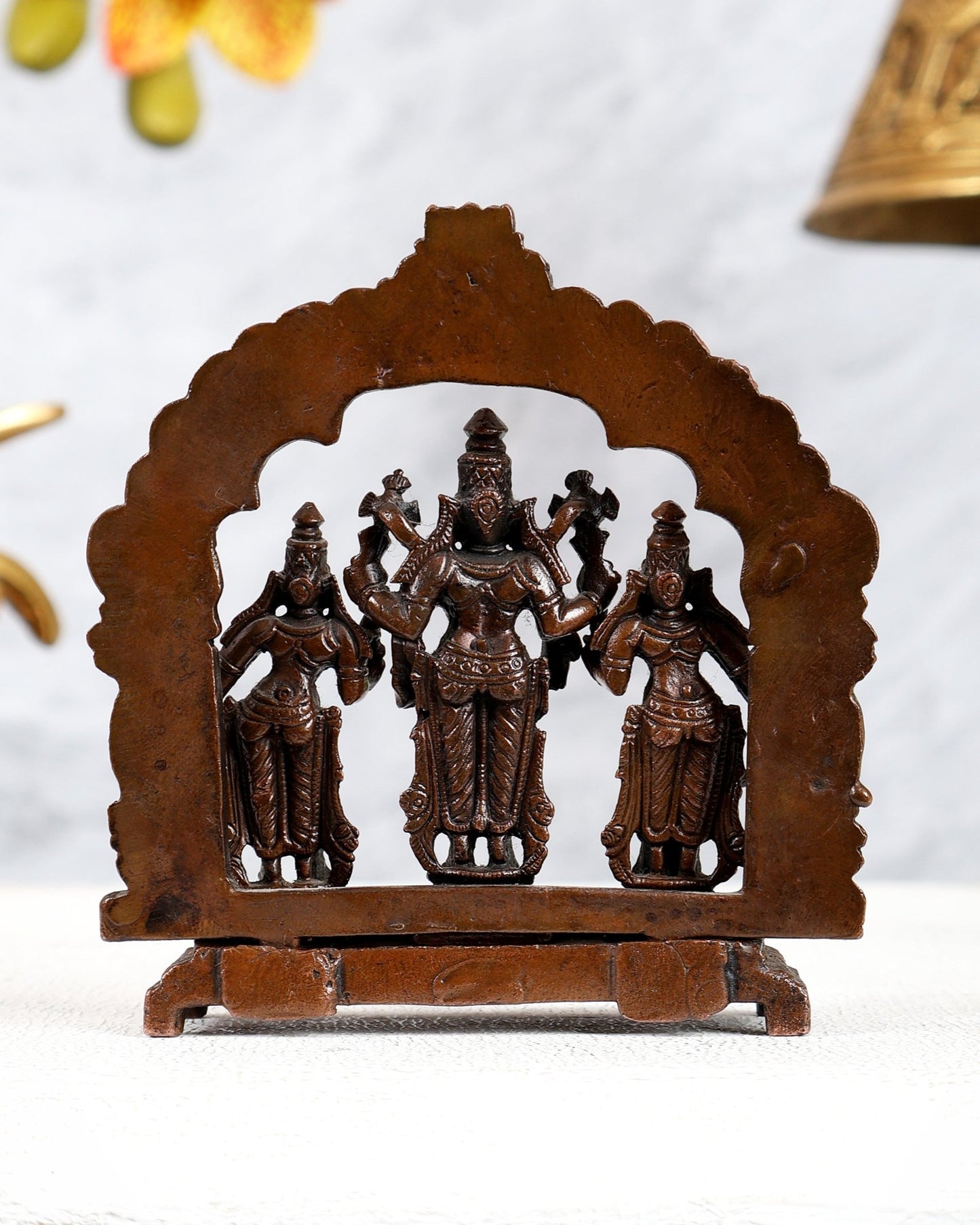 Pure Copper Tirupati Balaji with Bhudevi Sridevi Kalyanam Idols – Thiruvarchi Prabhavali Set (4 Inches) - Budhshiv.com
