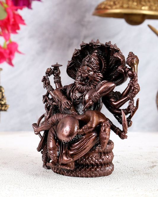 Pure Copper Ugra Narasimha Slaying Hiranyakashipu with Bhakt Prahlad – Solid Masterpiece Sculpture (5 Inches) - Budhshiv.com