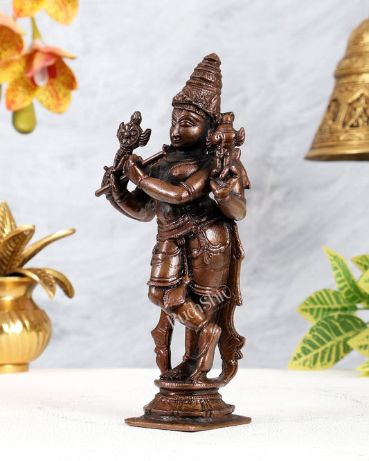 Pure Copper Vishnu Krishna Idol – Chaturbhuja Four Armed Statue with Shankh Chakra 7" - Budhshiv.com