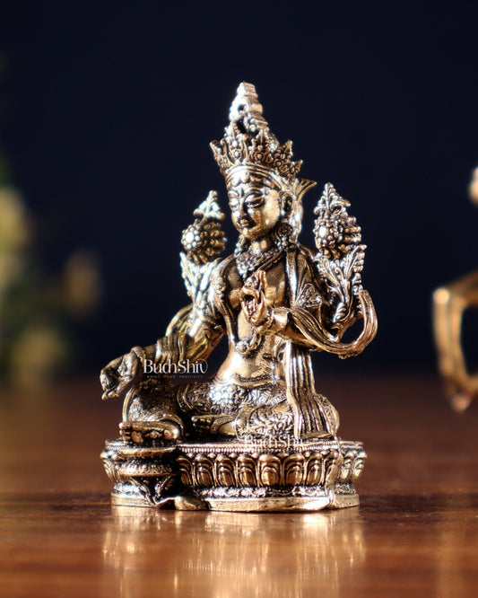 Pure Superfine Brass Buddhist Green Tara Miniature Idol 2 inch - Budhshiv.com