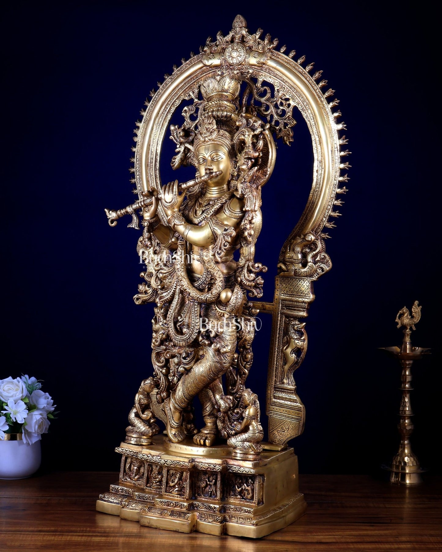 Pure Superfine Brass Krishna Statue with Large Embossed Prabhavali (32 Inches) - Budhshiv.com