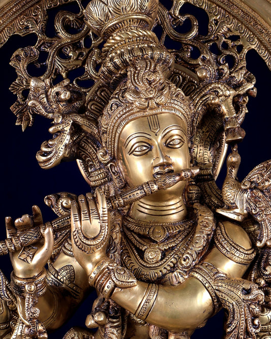 Pure Superfine Brass Krishna Statue with Large Embossed Prabhavali (32 Inches) - Budhshiv.com