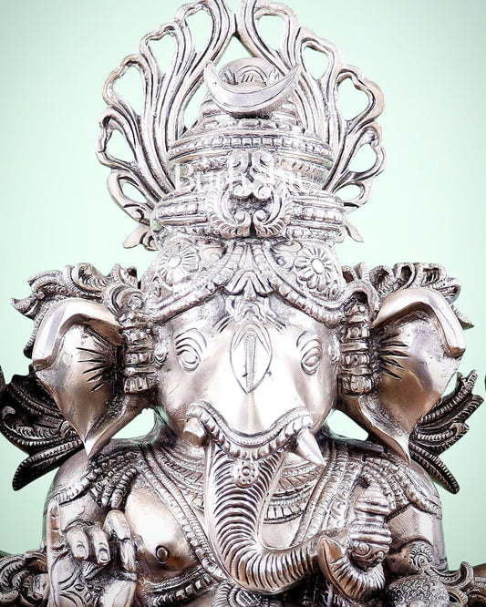 Pure Superfine Brass Lord Ganesha Unique Statue 14 inch silver plated - Budhshiv.com