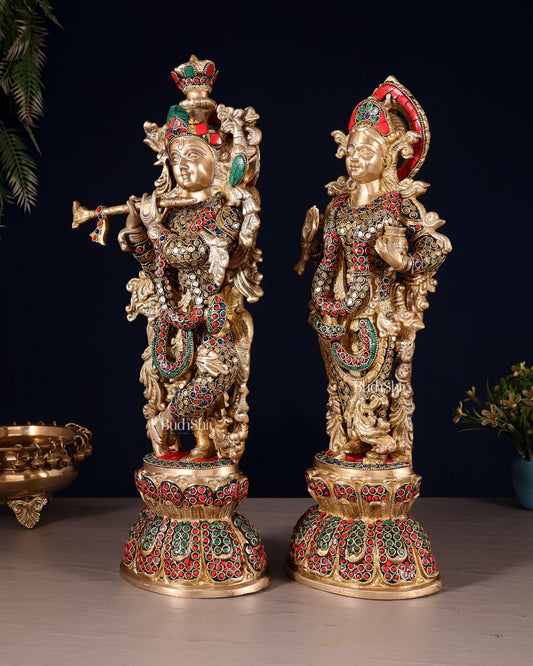 Radha Krishna Brass idols 18 inch with ring stonework - Budhshiv.com