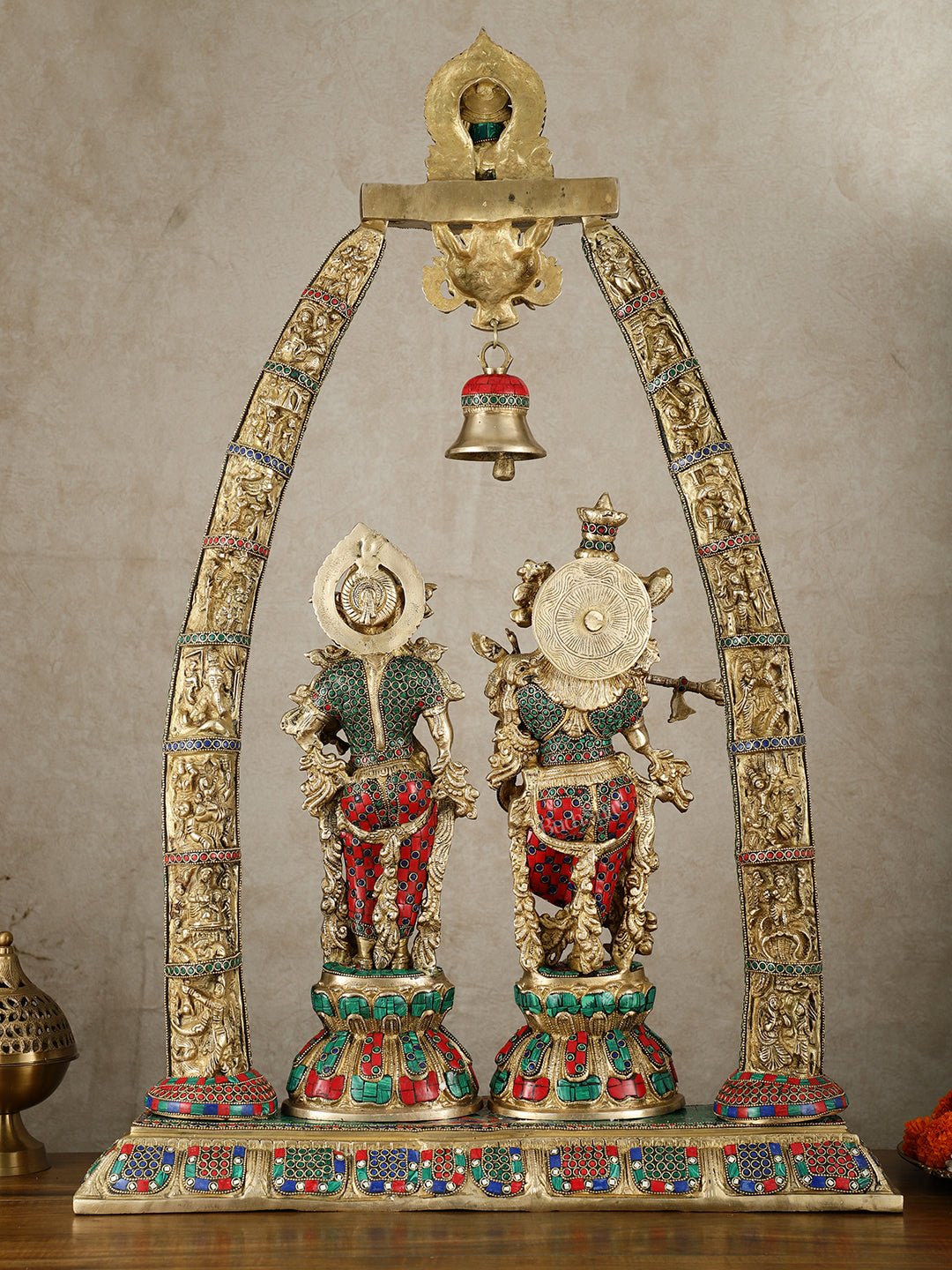 Radha Krishna Idols with Temple Arch Frame - Brass Superfine, Meenakari Stonework, 35" - Budhshiv.com