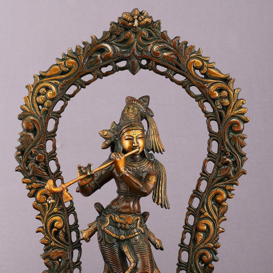 Rare Brass Lord Krishna with Prabhavali Majestic Sculpture 18" - Budhshiv.com