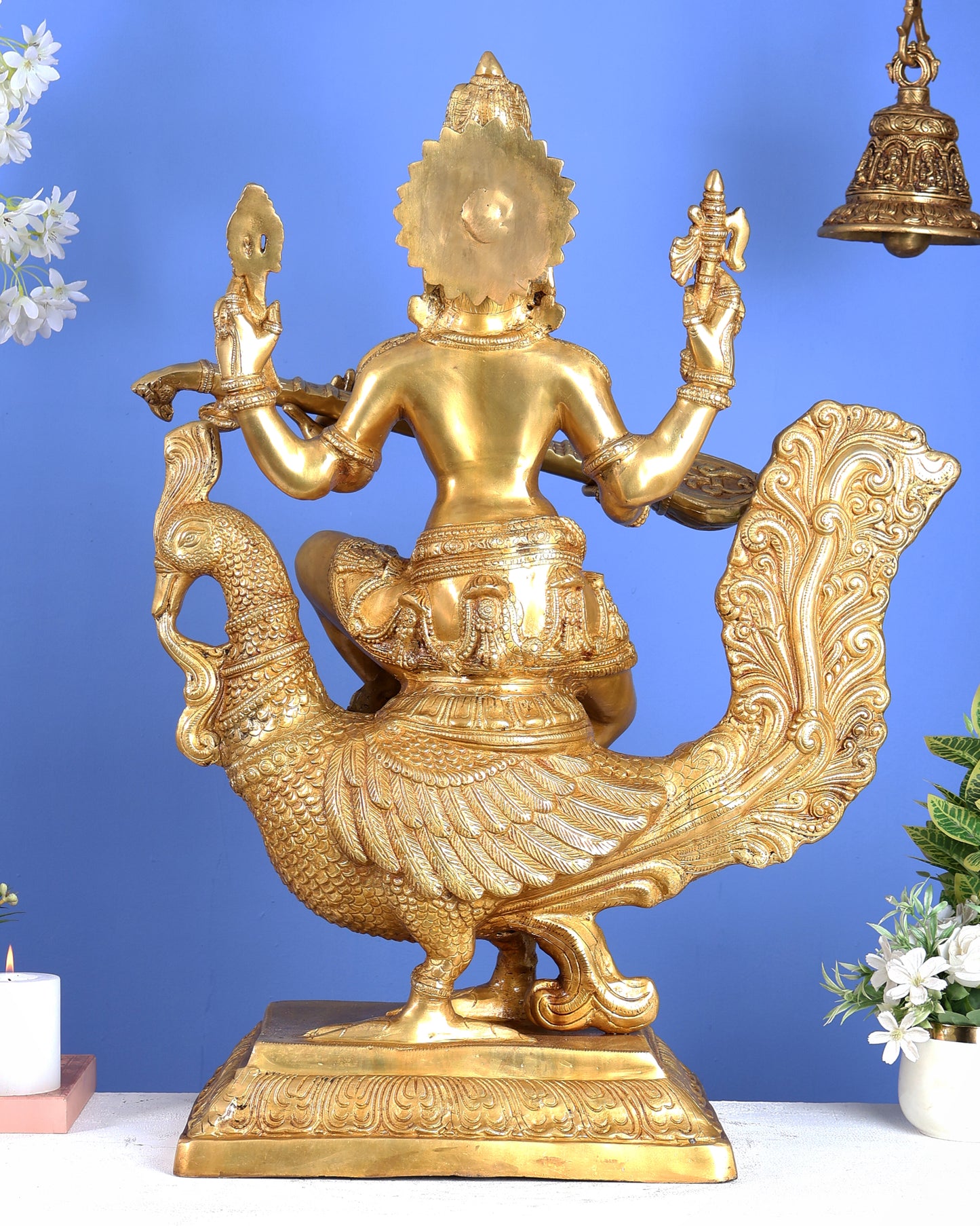 Brass Goddess Saraswati Statue Majestic 30" Tall bright golden tone