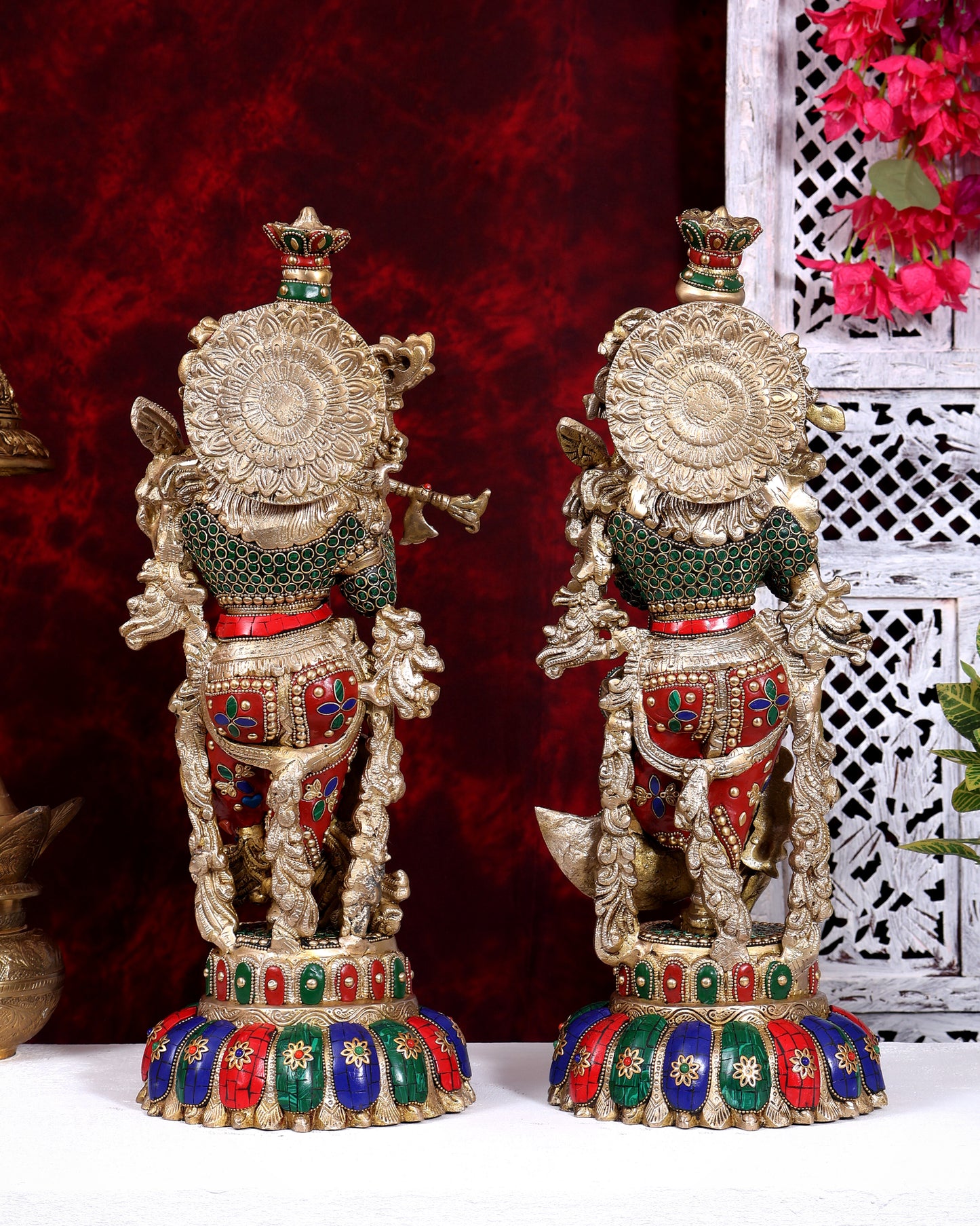 Brass Radha Krishna Idols on Lotus Base – Fine Craft Divine Pair (21 Inch) meenakari Stonework