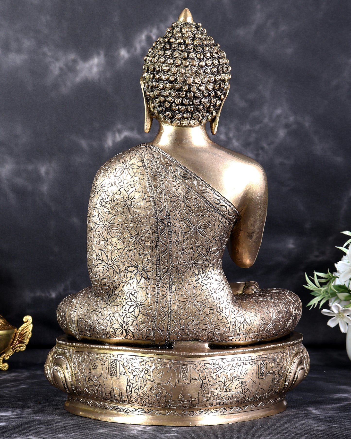 Pure Brass Blessing Buddha Statue with Intricate Carvings – Handcrafted Spiritual Sculpture (15 Inch)